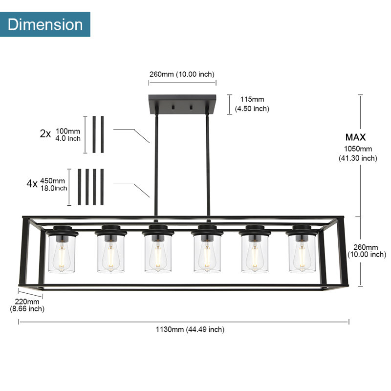 Luminaire suspendu 6 lumières pour îlot de cuisine Farmhouse