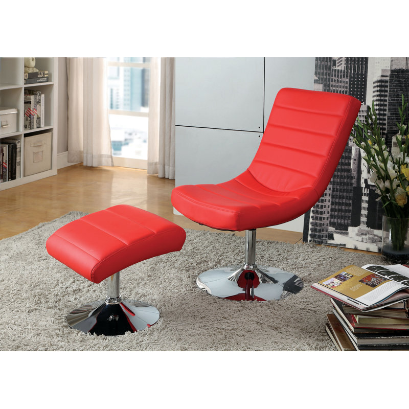 Oberg Faux Leather Swivel Accent Chair with Ottoman, Red Faux Leather 