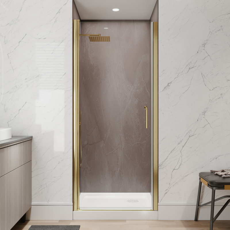 32"-34"W X 72"H Semi-Frameless 180° Rotatable Pivot Shower Door With 1/4 Inches Tempered Glass, Brushed Gold