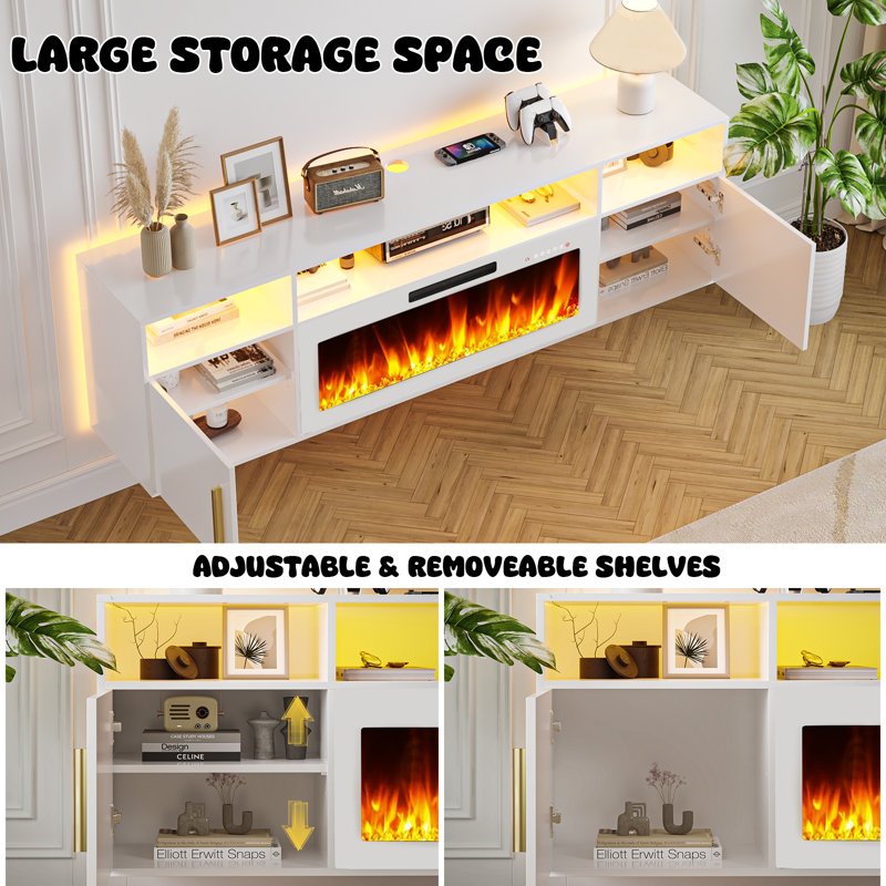 Alazik Floating TV Stand with 36" Electric Fireplace, White/White