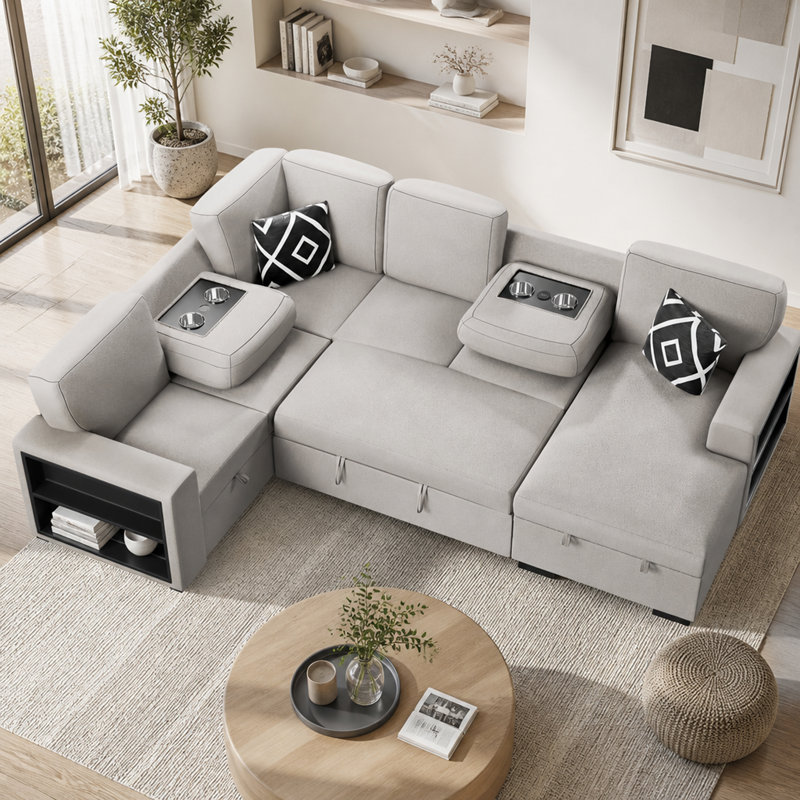 Canapé-lit modulaire en tissu 4 pièces, Beige bouclé, Beige