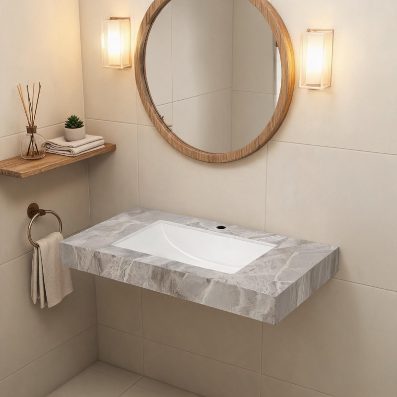 Lavabo encastré de 91 cm (36 po) en céramique gris pâle et pierre frittée, avec trou pré-percé pour robinetterie et trop-plein.