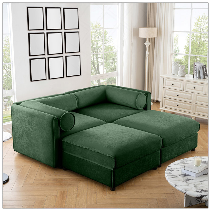 Élégant canapé en chenille vert à 2 places avec 2 sièges de rangement pour repose-pieds, dossier cylindrique et accoudoirs, causeuse moderne en tissu avec espace de rangement caché