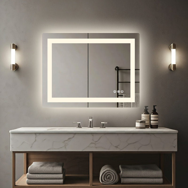 Anti-Fog Dimmable Bathroom LED Vanity Mirror, Rectangular Frontlit＆Backlit Wall Mount Mirror Color Adjustment Shatterproof Tempered Glass