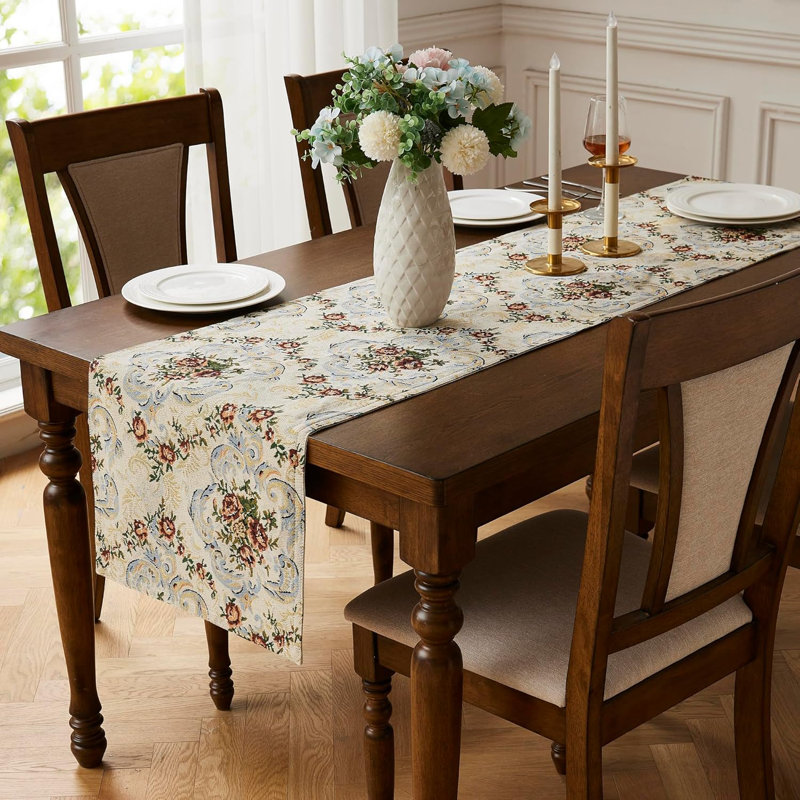Luxury 96 Inch Extra Long Floral Table Runner With Rose Flower Design For Easter, Thanksgiving, Or Christmas Table Decor