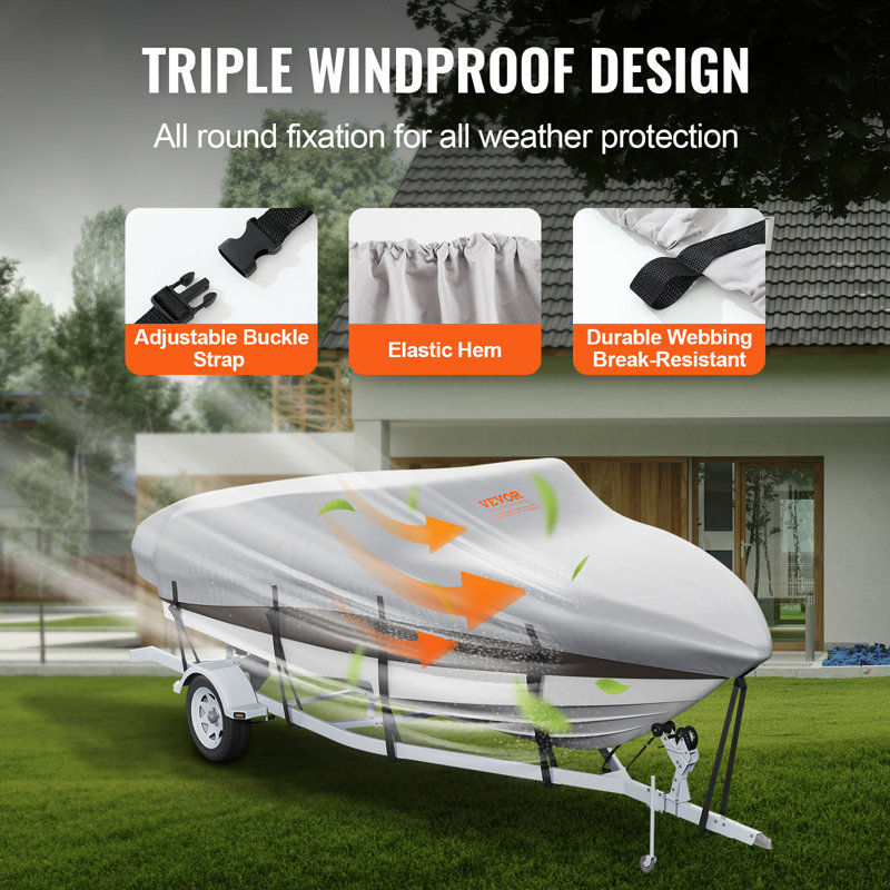 Gray 16-18.5 ft Waterproof Marine-Grade Boat Cover with Motor Cover