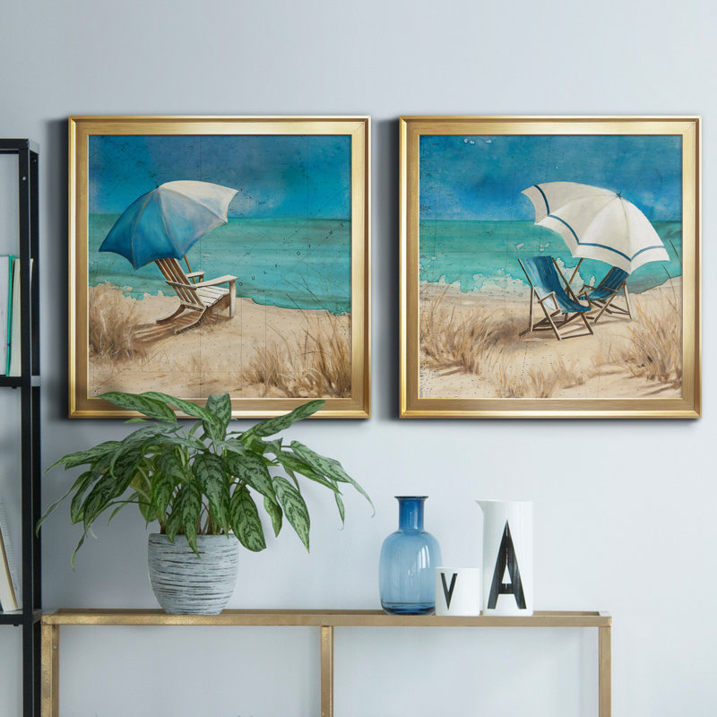 «Retreat to the Beach I», peinture sur toile 2 pièces, Cadre doré, H 17,5 po x l 35 po x P 1,5 po