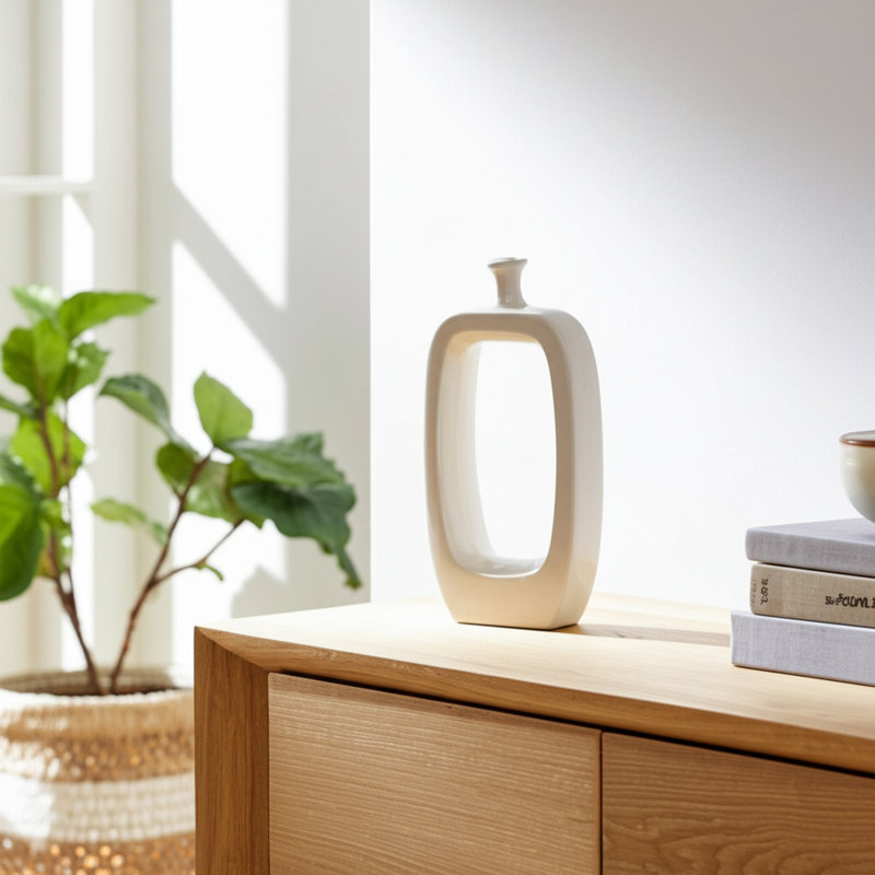 Vase en grès cérame avec motif géométrique ouvert Craigban, Ivoire/beige, H 18 po x l 10 po x P 3 po