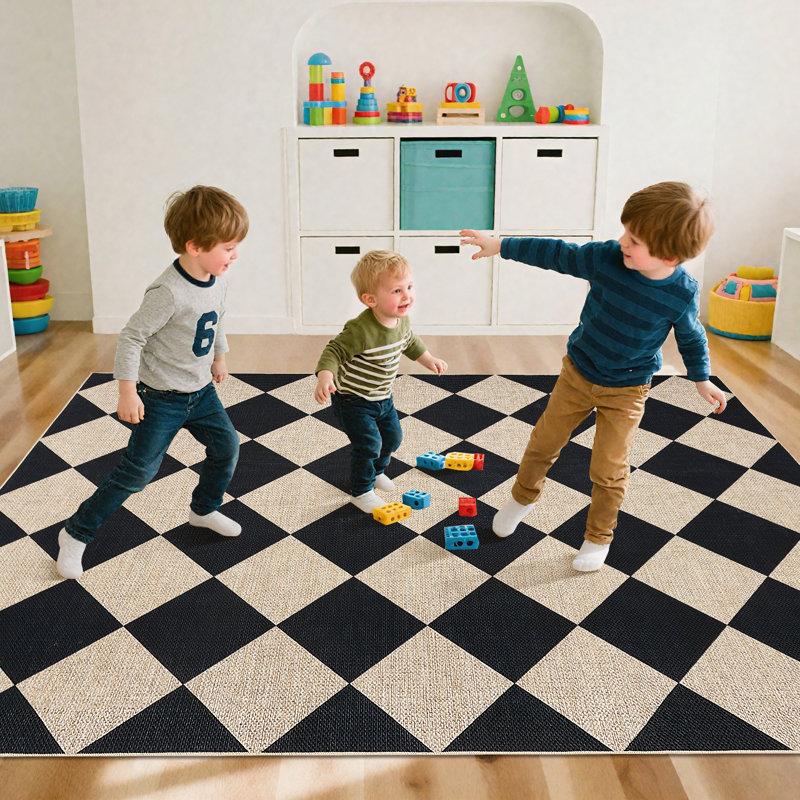 Washable Easy Jute Rugs 6x9 Modern Checkered Carpet with Non-Slip Backing, Contemporary Trellis Accent Rug, Durable Low Pile Indoor Outdoor Floor Mats for Bedroom, Backyard,  White