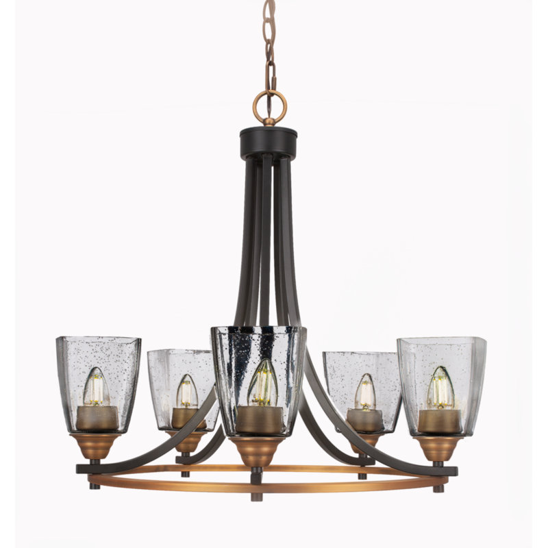 Lustre 5 lumières Paramount illustré en noir mat et nickel brossé avec verre carré de 4,5 po, À bulles