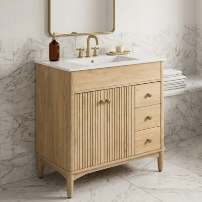 Meuble-lavabo simple de 76 cm avec lavabo en céramique, 3 tiroirs et armoire avec tablette réglable, design cannelé, style japonais, salle de bain