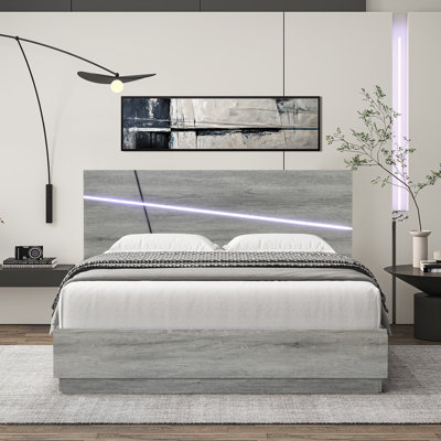 Modern Gray Panel Platform Bed Queen size with 3 Modes LED Light