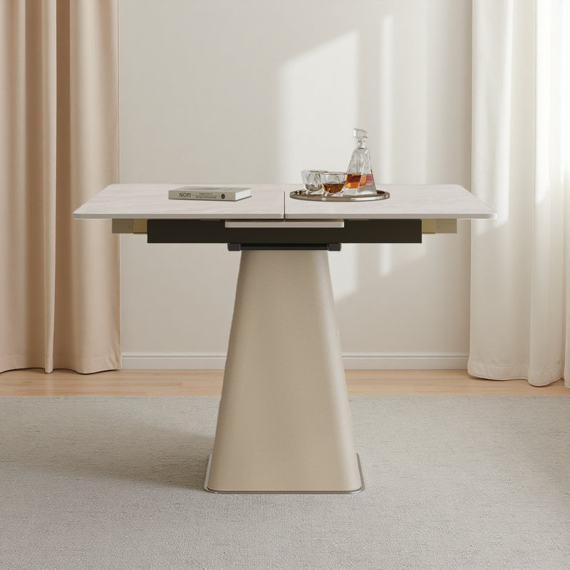 Table de salle à manger rétractable à dalle de roche pliante, table carrée extensible moderne avec base en acier inoxydable revêtue de cuir