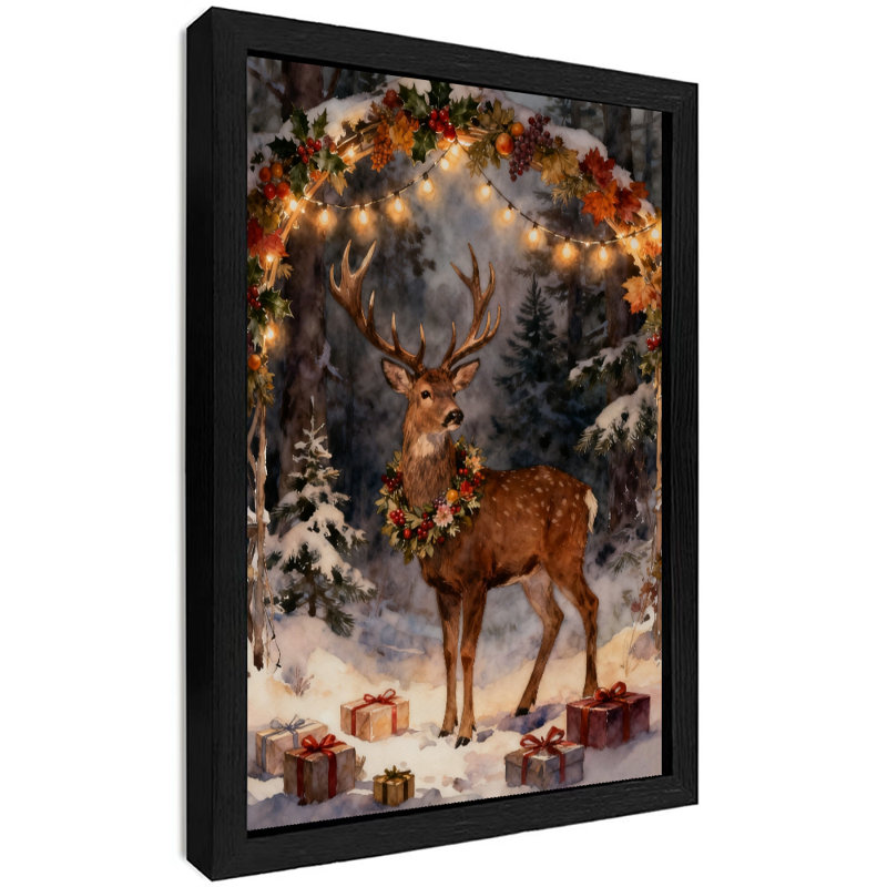 Art encadré noir rétro avec une couronne sur un joli cerf de Noël, impressions sur toile de style rétro, H 17 po x l 13 po