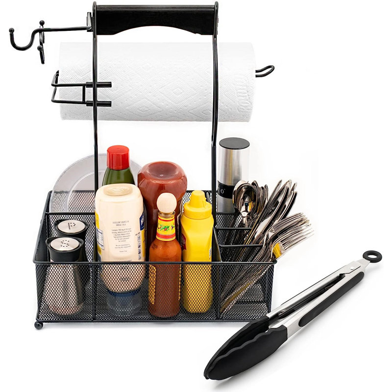 Grand organisateur d'ustensiles de barbecue - Organisateur de rangement polyvalent pour barbecue extérieur, organisateur de pique-nique pour condiments, couverts, serviettes en papier. Barbecue, Tailgating, camping, plaque chauffante, camping-car