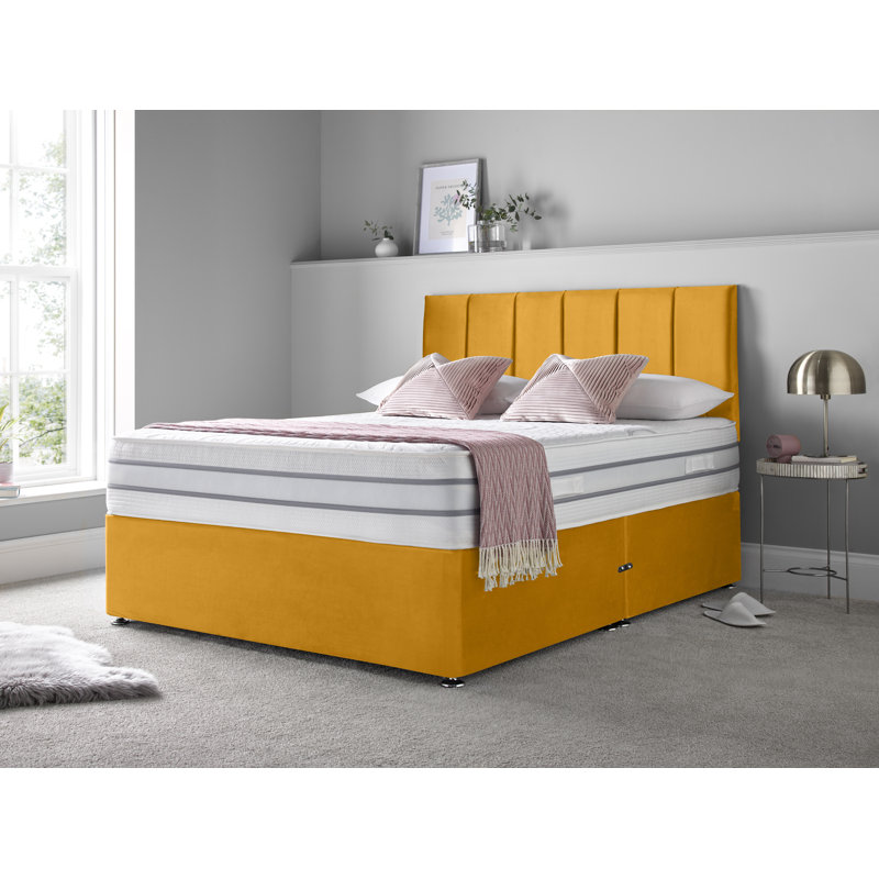 Kuhle Upholstered Bed with Mattress, Double (4'6), Mustard, Foot-end Drawers