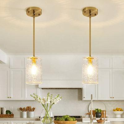 1 ‑ Suspension Mini Ferme Or Clair avec abat-jour cylindrique en verre transparent martelé pour îlot de cuisine et salle à manger