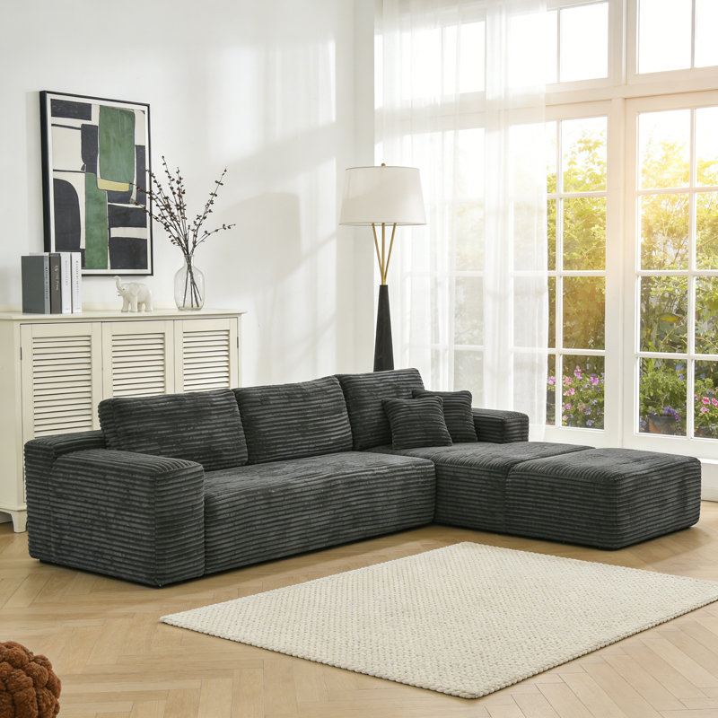 106.5" Boneless L-shaped Corduroy Upholstered Three-seat Lounge Sofa With Chaise And Ottoman, No Assembly Required