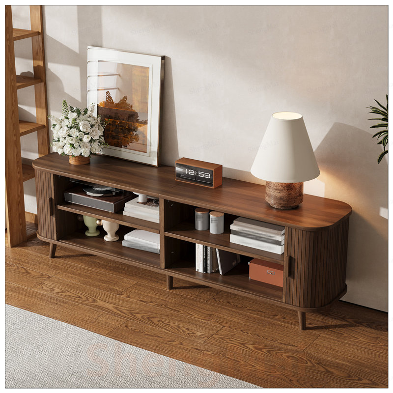 Meuble télé moderne pour téléviseur de 80 po ou moins, rangement spacieux, pieds en bois massif et centre multimédia