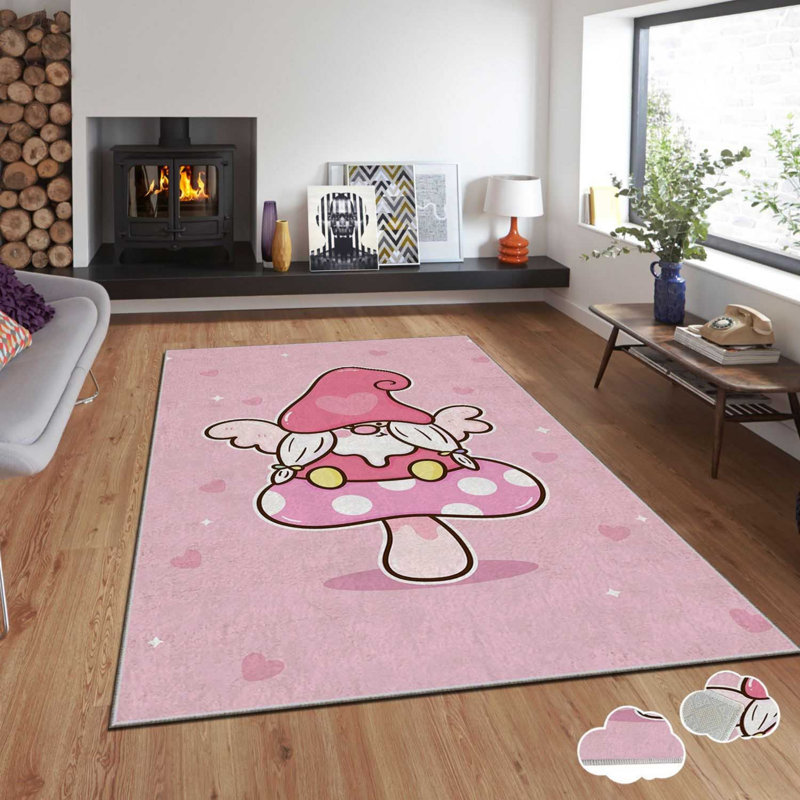 Tapis rectangulaire tissé à la machine en polyester rose, Rectangle 5 pi 3 po x 7 pi 7 po