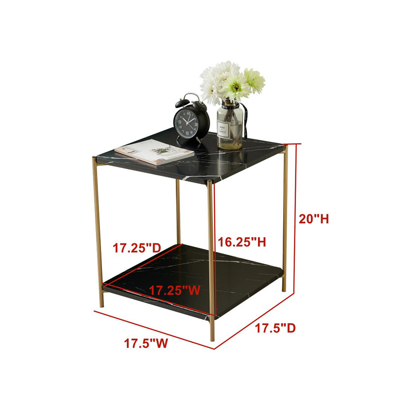 Table de bout Raevin avec tablettes de rangement en faux marbre et structure en métal, table de chevet pour chambre à coucher, salon ou table d'appoint moderne