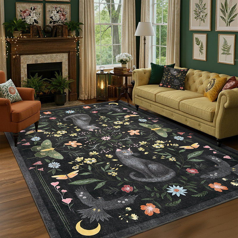 Vintage Cute Cat Machine Washable Rug with Rubber Backing for Living Room Stain Resistant Non-Slip Dining Room Rug Easy-Cleaning Floor Carpet for Bedroom