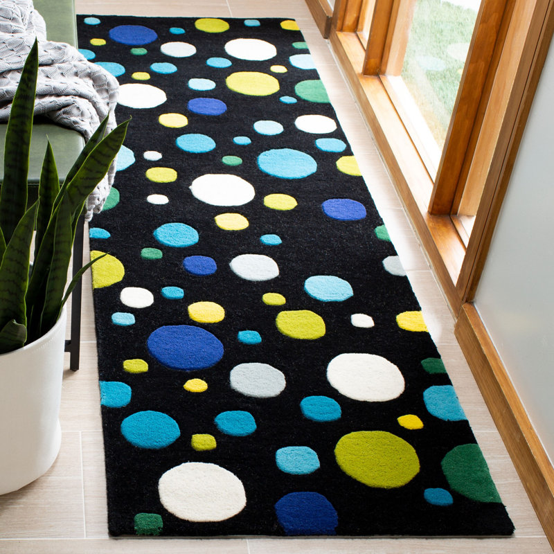 Tapis noir / multicolore en laine touffetée à la main Amier, Tapis de couloir 2 pi 6 po x 8 pi