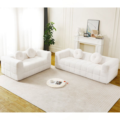 Canapé moderne désossé avec coussins décoratifs circulaires, tissu en polyester à poils longs texturé litchi doux pour la peau, tissu à carreaux