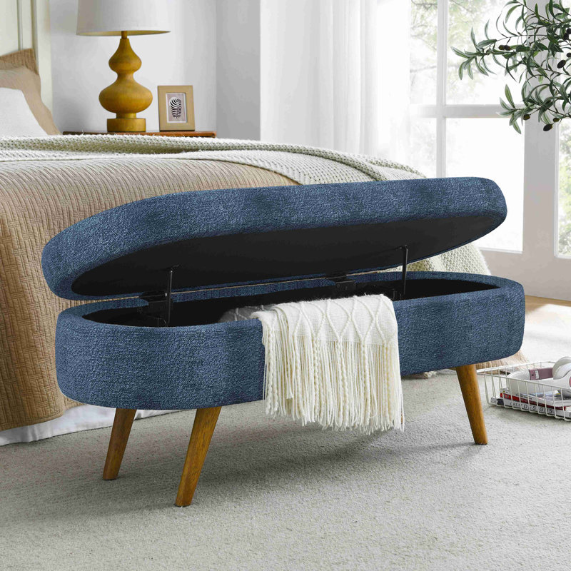 Ottoman Oval Storage Bench,Rubber Wood Legs, Dark Blue