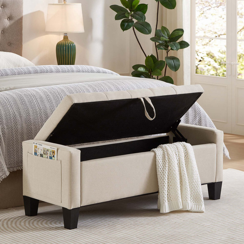 Linen Upholstered Ottoman Bench With Storage And Safety Hinge For Bedroom Living Room, Beige