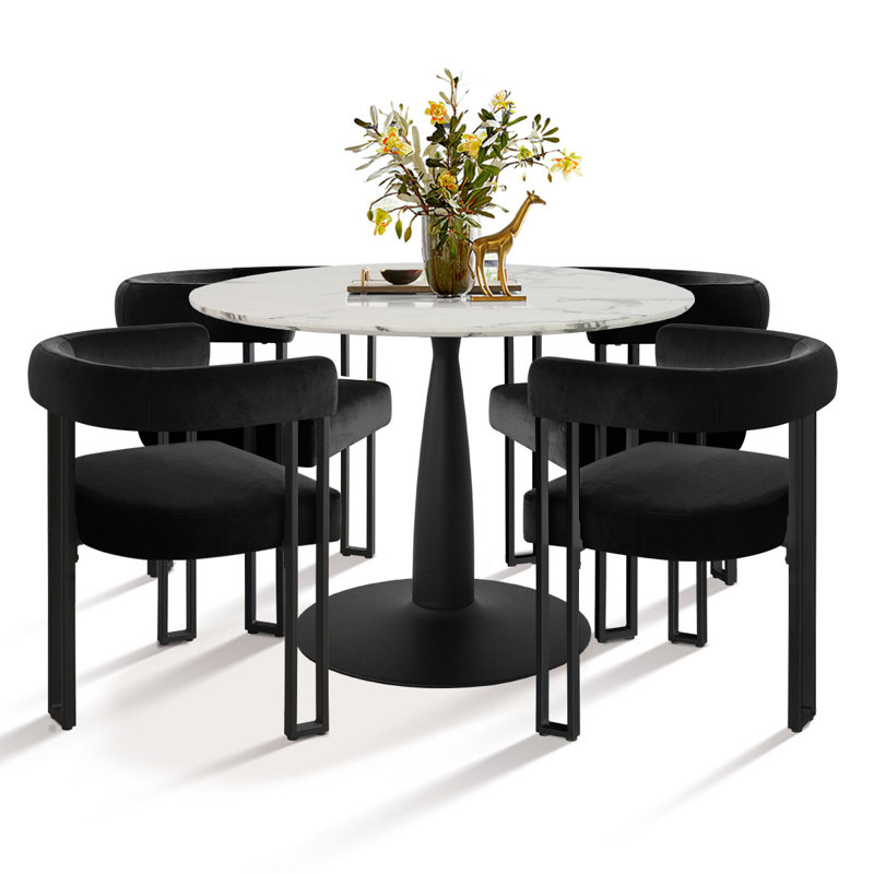 Graf 4 - Person Dining Table Sets With 40'' Round Table & 4 Upholstered Velvet Chairs, Black