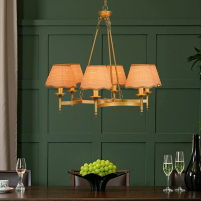 Lustre de ferme 6 lumières avec abat-jour en tissu festonné, hauteur réglable pour salle à manger et îlot de cuisine