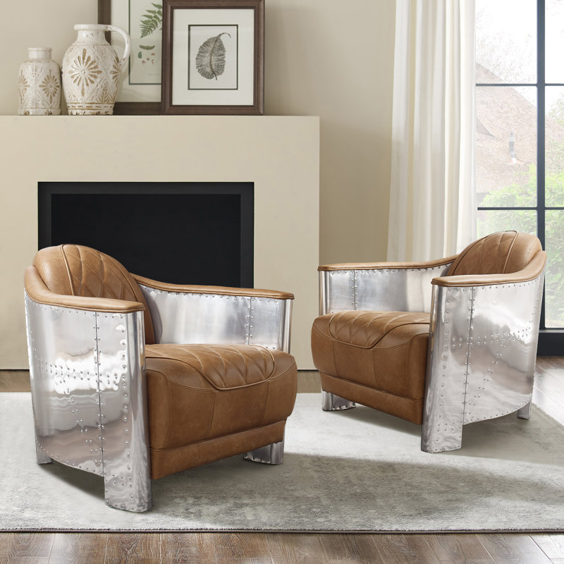 Tufted Genuine Top Grain Leather Armchair, Khaki