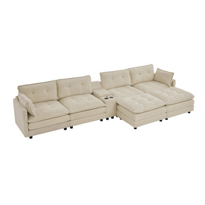 Canapé modulaire en velours côtelé de 154 po en forme de U avec repose-pieds mobile, canapé surdimensionné avec console de chargement USB et siège profond pour le salon