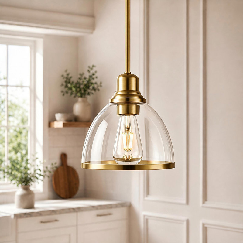 Suspension de 8 po à 1 lumière, fini or brossé mat, abat-jour en verre transparent, culot E26, idéal pour îlot de cuisine., 1