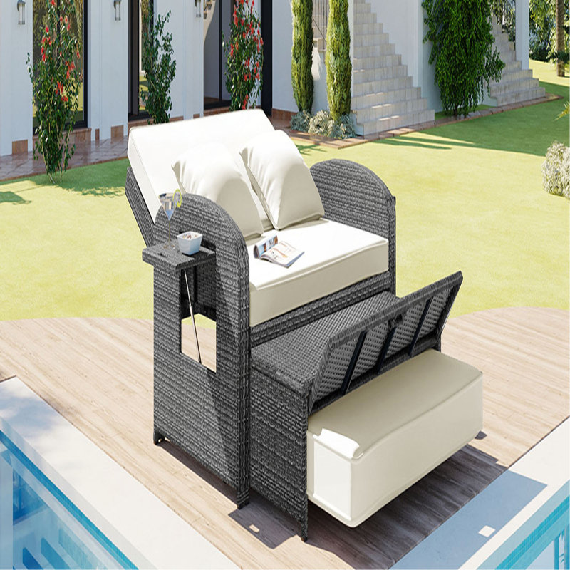PE Wicker Rattan Double Chaise Lounge, 2-Person Reclining Daybed With Adjustable Back And Cushions, Free Furniture Protection Cover