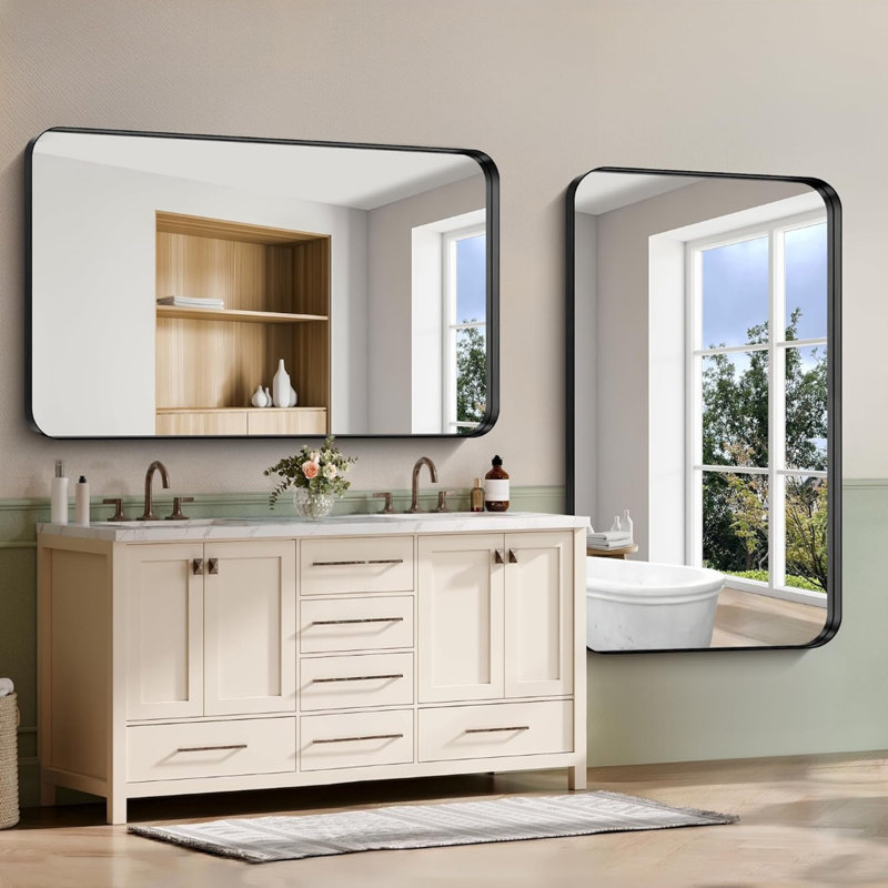 Miroir de salle de bain noir, miroir rectangulaire de 36 po x 60 po avec cadre en métal profond, coin arrondi, verre trempé, grand miroir mural, plus de 2 lavabos, installé verticalement / horizontalement, cristal clair