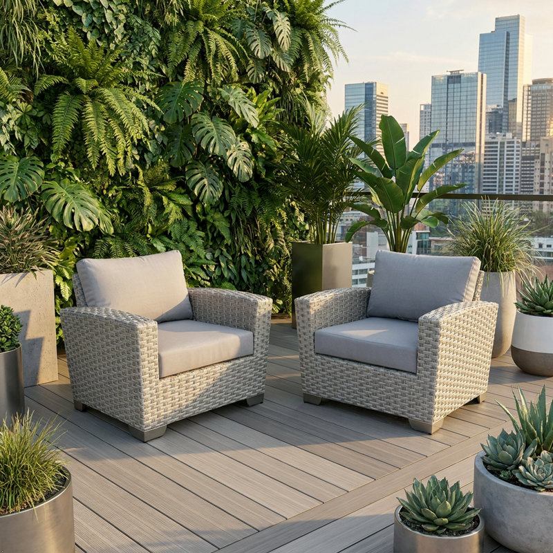 Ensemble de 2 fauteuils de patio d'extérieur en osier avec coussins, capacité 330 LBS et coussins amovibles lavables pour la cour, la terrasse, le jardin et le gris