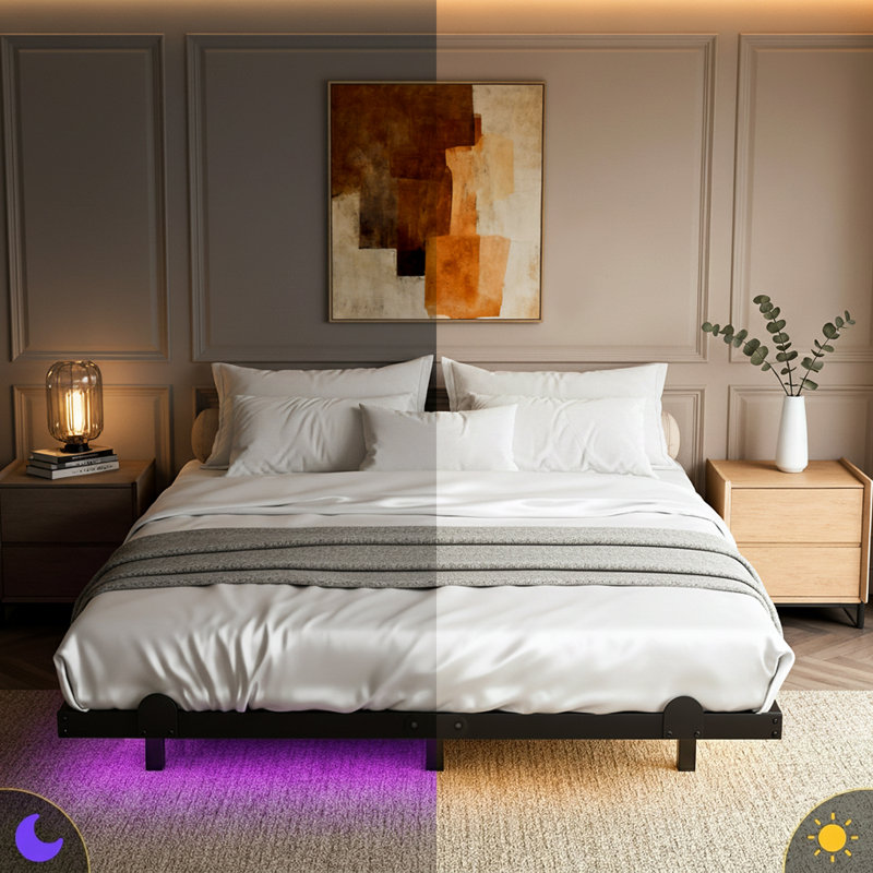 Cadre de grand lit 14 po avec lumières DEL, télécommande et station de charge, aucun sommier nécessaire, Grand lit, 14"