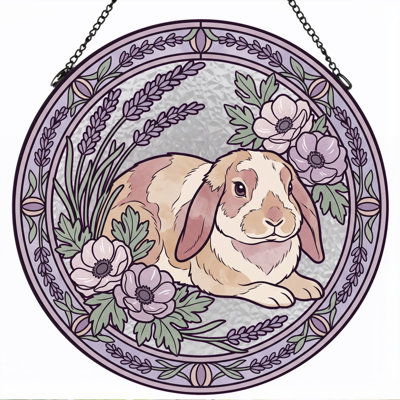 Floral Rabbit Stained Glass Window Panel，12"H