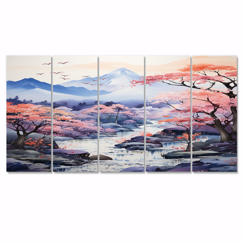5 pièces de décoration murale en forme de rivière pastel chinois I - Maison de lac, H 32 po x l 80 po