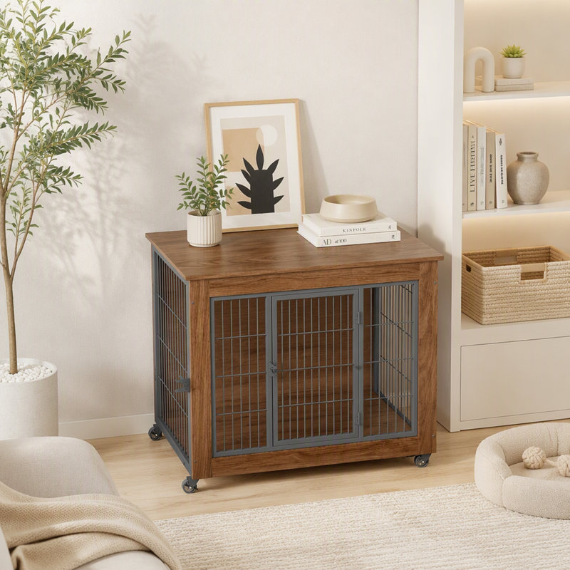 Cage d'intérieur pour chien avec roulettes et 2 portes