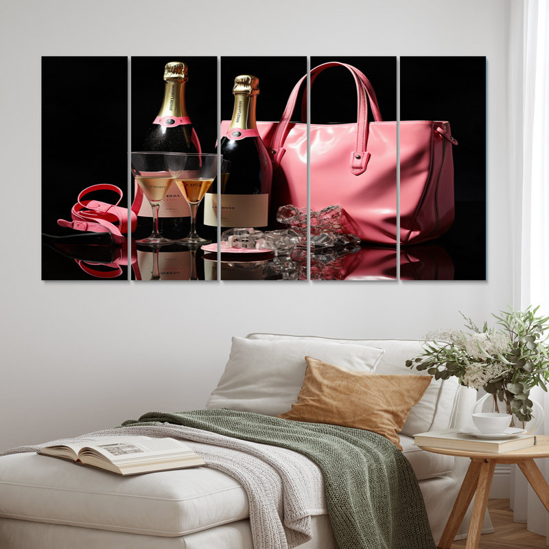 Ensemble de salon art mural en métal rose et noir Fashion Bag Champagne I