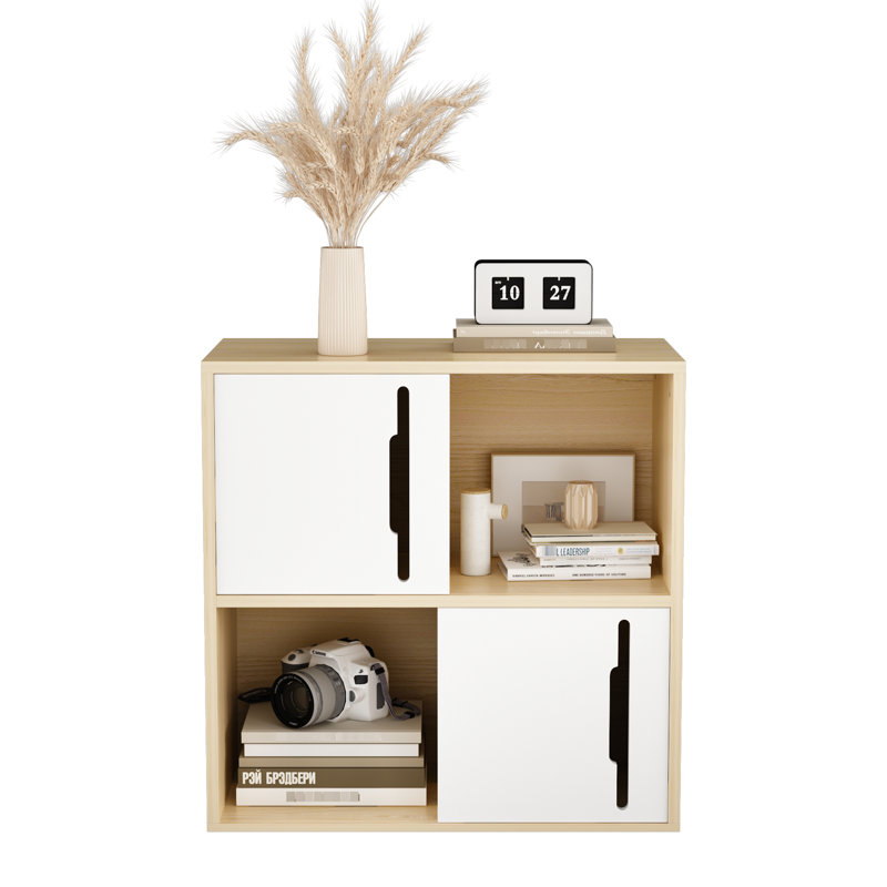 Armoire de rangement contemporaine en bois avec portes coulissantes lisses, 2 compartiments ouverts et fermés à 2 niveaux, étagère compacte en bois naturel pour esthétique, finition