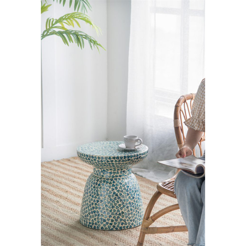 D15x16" Capiz Garden Stool Small Side Tabel, Blue Accent Round End Table