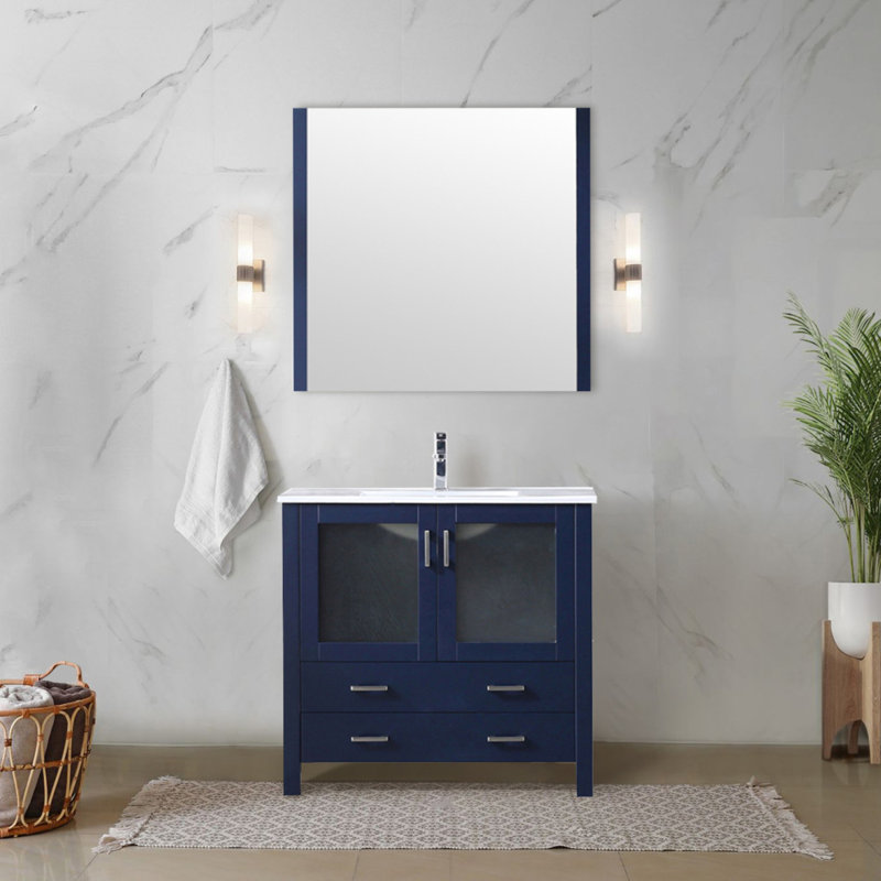Meuble-lavabo bleu marine 36 po X P 18,25 po D, avec plateau en céramique blanche, 36", Navy Blue