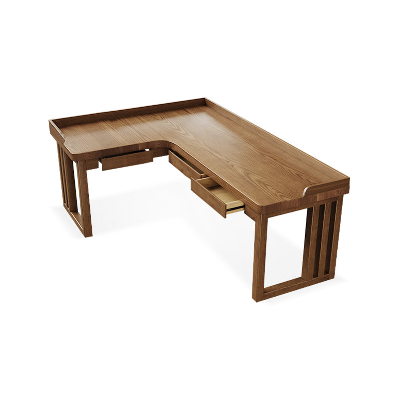 Brown L-Shaped Solid Wood With 3 Drawers Desks, Left Hand Facing, 29.53" H x 70.87" W x 47.24" D