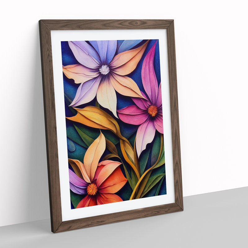 Colourful Flowers No.2 - Wall Art, 48cm H x 36cm W, Walnut Framed, White