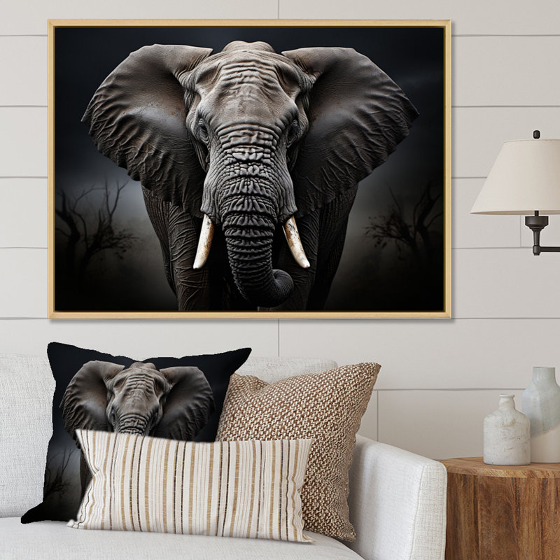 Éléphant silencieux majestueux III - Éléphant, art mural, H 30 po x l 40 po x P 1,5 po, Cadre flottant érable