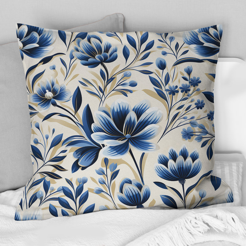 Fleur de damas bleu et blanc - Coussin Abstrait corail multicolore abstrait - Coussin, H 16 po x l 16 po